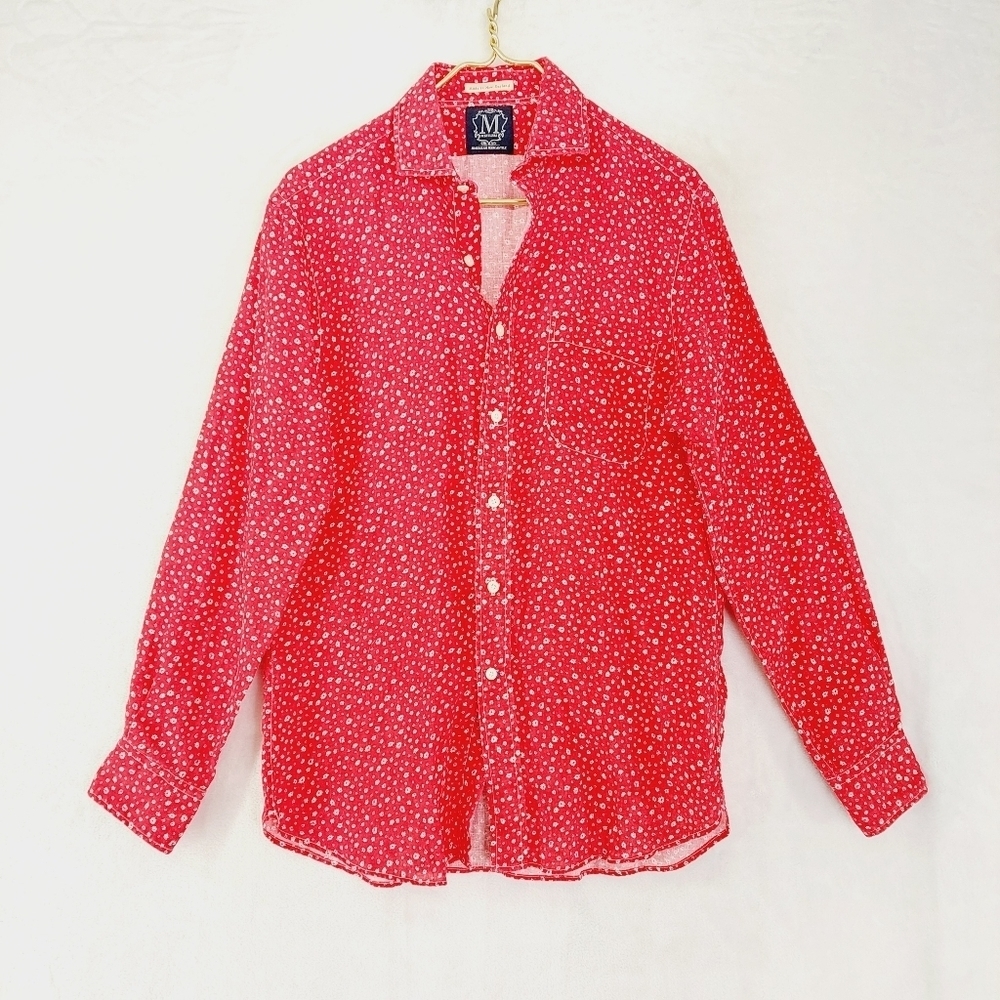 Mettlers Red White Floral Print Linen Button Up Long Sleeve Shirt P3984